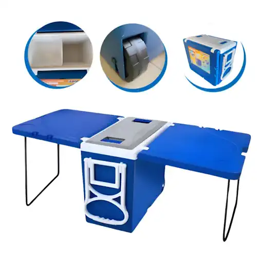 Caixa Térmica Cooler 32l Multifuncional 3 Em 1 Rodinha mesa Azul