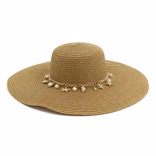 Chapéu de praia feminino de palha com aba larga para o verão acessório estiloso com conchas/estrelas