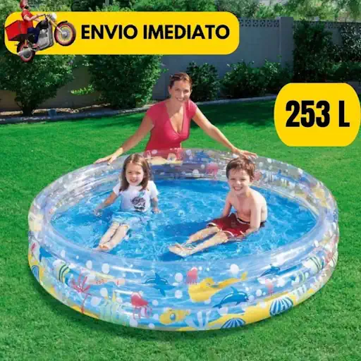 Piscina Inflável Infantil 3 Anéis Transparente 253 Litros Fundo Do Mar Para Crianças, Bebes, Campo, Praia Resistente